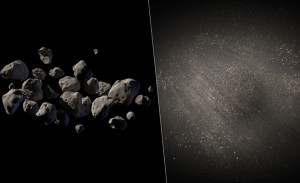 Artist's conception of a rubble-pile asteroid and a dust cloud asteroid.
