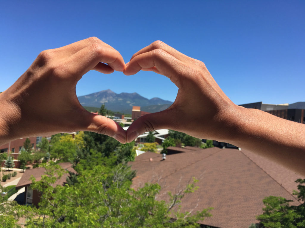 Hands in heart shape around mountains