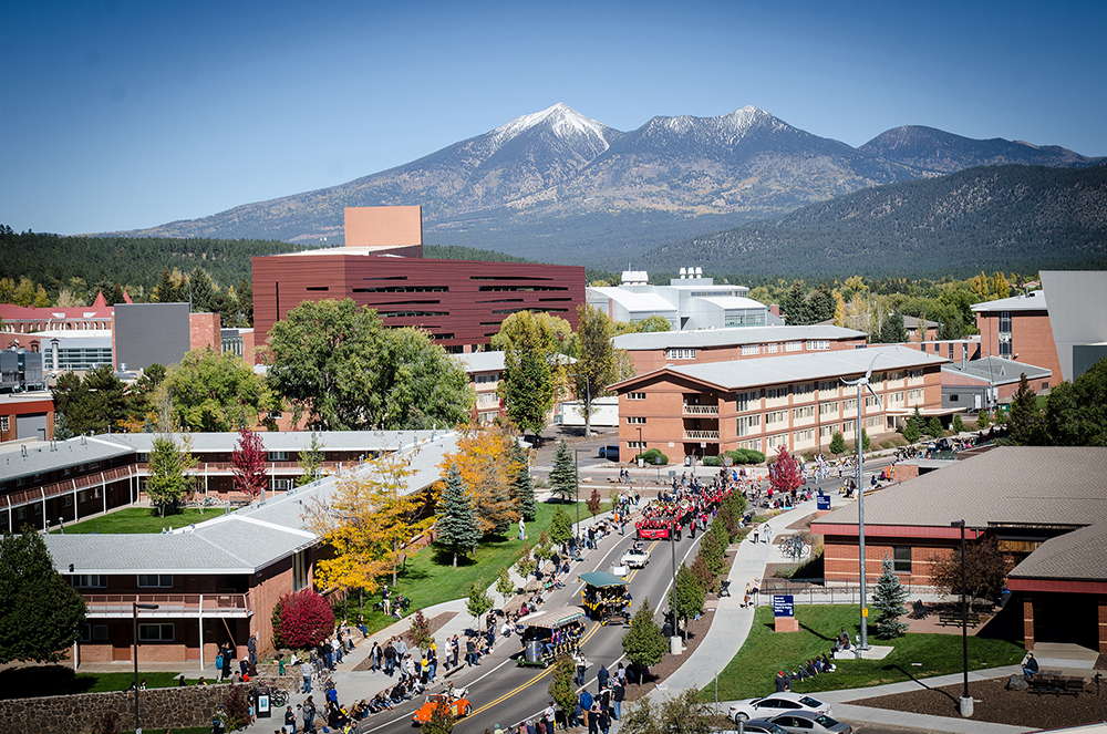 Aerial view of Homecoming parade on NAU's campus