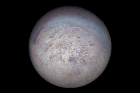Voyager 2 image of Triton showing the moon’s south polar region. Credit: NASA/JPL