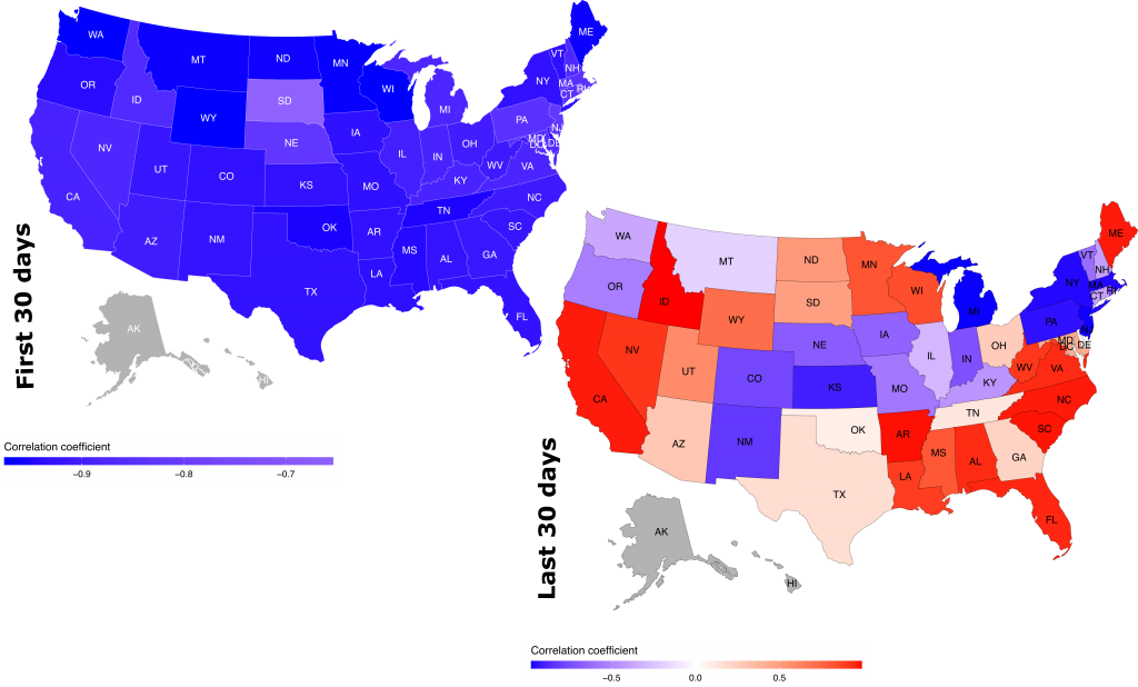 Graphic showing the relationship between traffic and COVID-19 cases on a state-by-state comparison