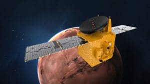 An artist’s impression of the United Arab Emirates’ Hope spacecraft in orbit around Mars, where it will arrive in February 2021 after launching from Japan.