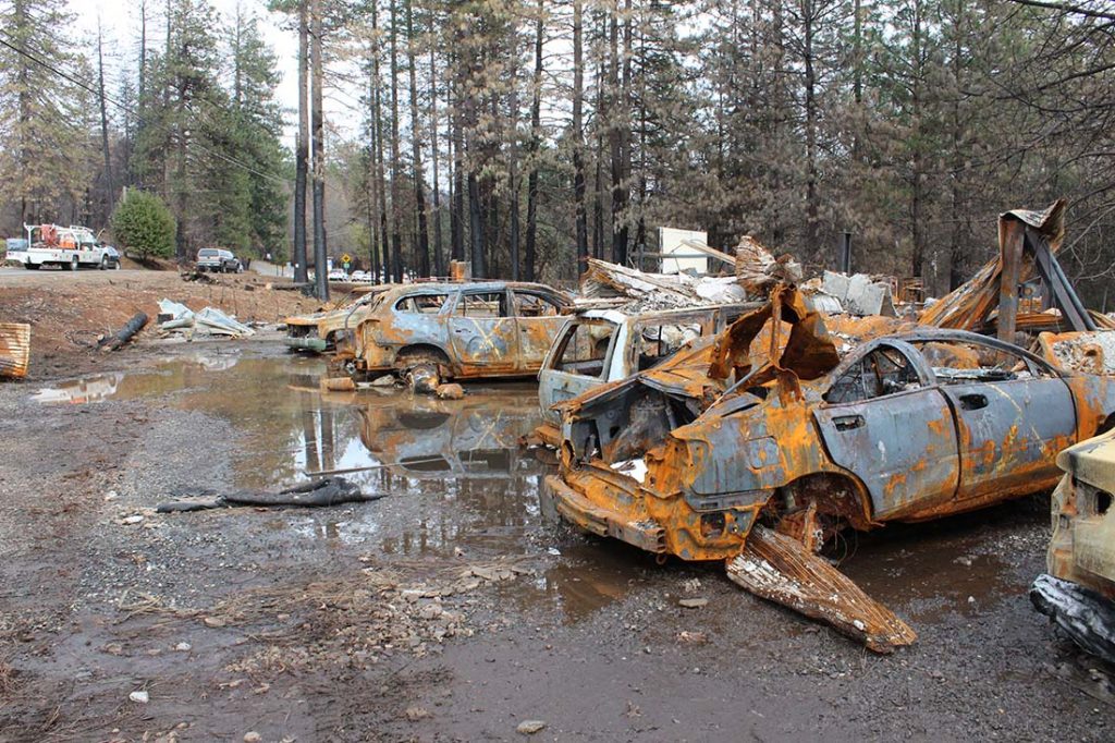 Burned-out cars after Camp Fire in Paradise