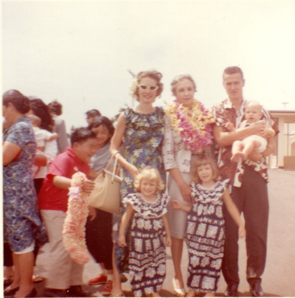 The family and my Paternal Grandmother when my grandparents came to visit us in Hawaii and to meet their new grandson (James).