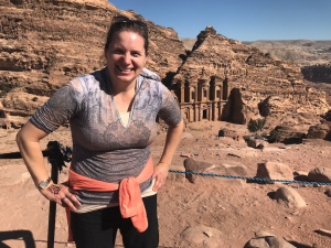 Heidi Toth standing in front of the Monastery in Petra, Jordan
