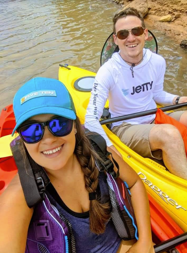 Priscilla Palavicini kayaking with her husband.