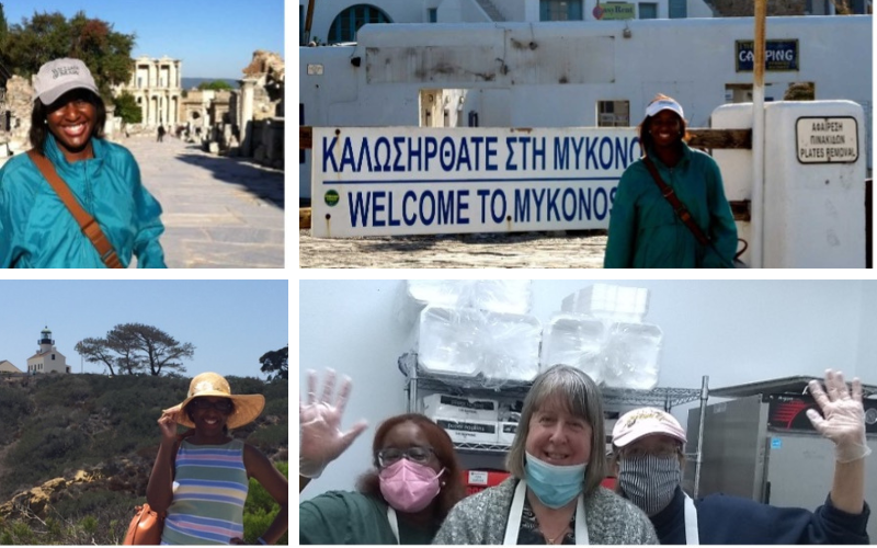 Elyce Morris sightseeing in Turkey, arriving at Mykonos, volunteering with two other women at the Flagstaff Family Food Center and spending time in San Diego