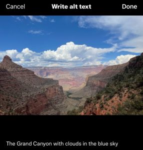 The Grand Canyon with clouds in the sky with a setup explaining alt text
