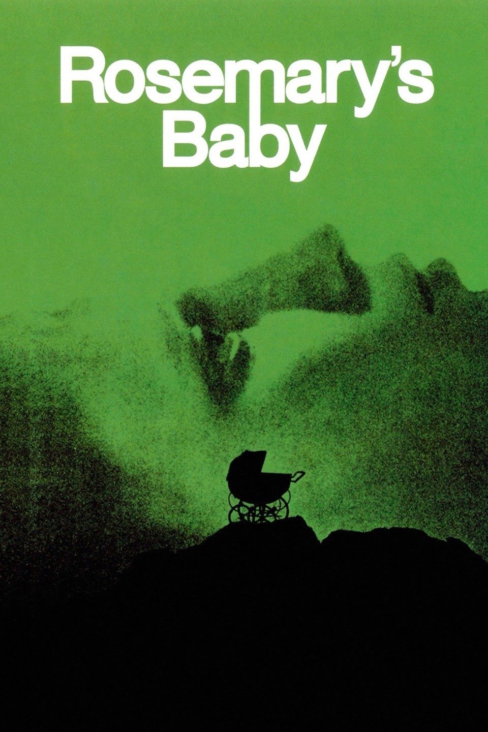 Cover Film poster of Rosemary's Baby. "Rosemary's Baby" written at the top and Mia Farrow's profile with baby carriage underneath.