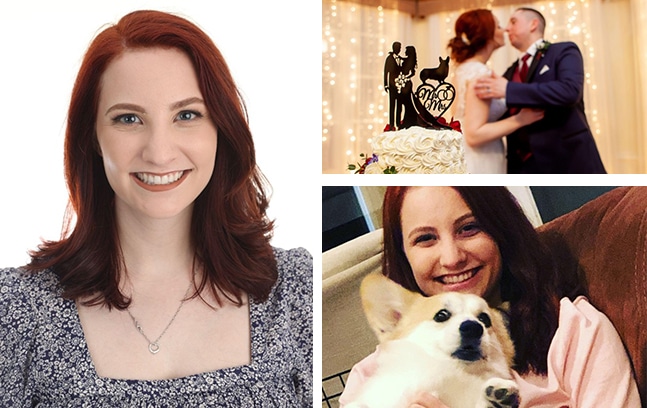Darby collage: Darby House headshot, Darby wedding photo with husband and cake in shot and Darby with her corgi