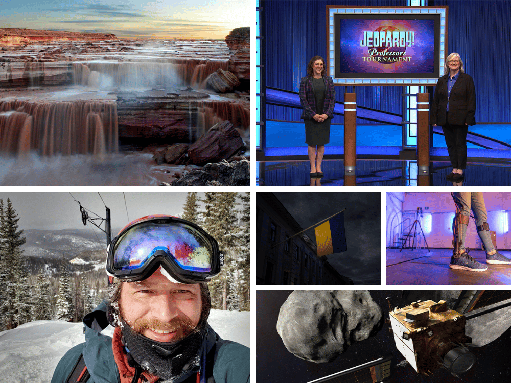 A collage of photos including Ira Allen skiing; Marti Canipe on Jeopardy, Grand Falls; the Ukrainian flag, the DART mission, and a person using robotics to walk