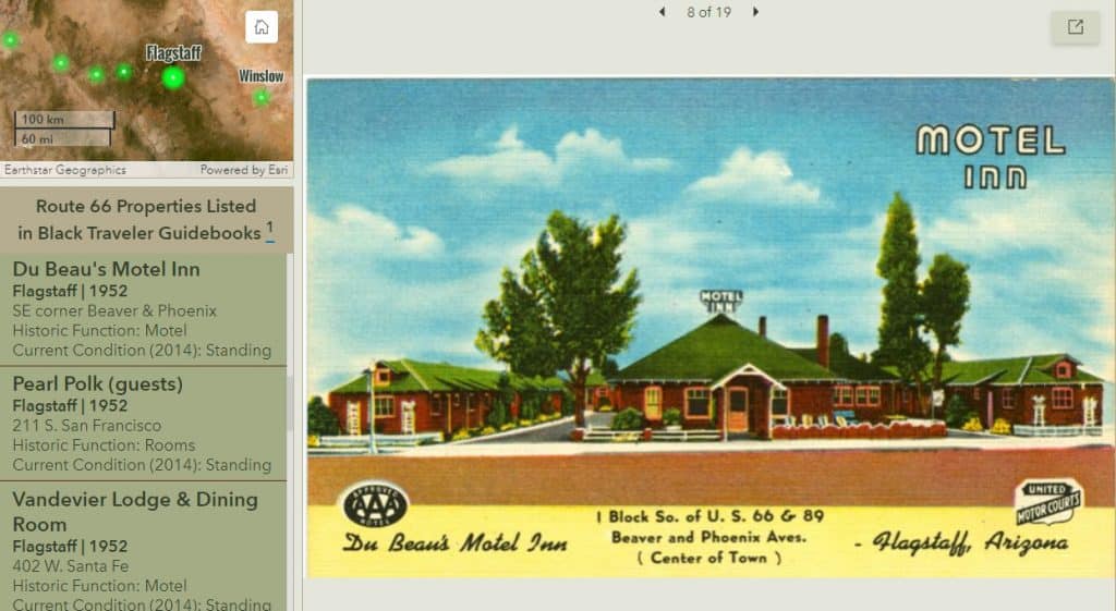 The exhibit shows that in 1952 Du Beau’s Motel Inn in Flagstaff was listed among the eateries, hotels, campsites and other services that were safe and available to African Americans. 