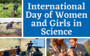 International Day of Women and Girls in Science: Erika Nowak hiking; Clare Aslan in a field examining plants; Daphne Chen in a classroom; Carol Chambers and a student examining a mouse