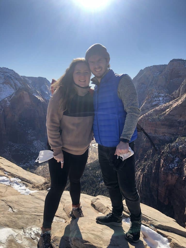 Masha and her husband Kyle at the top of Angels Landing in Zion National Park