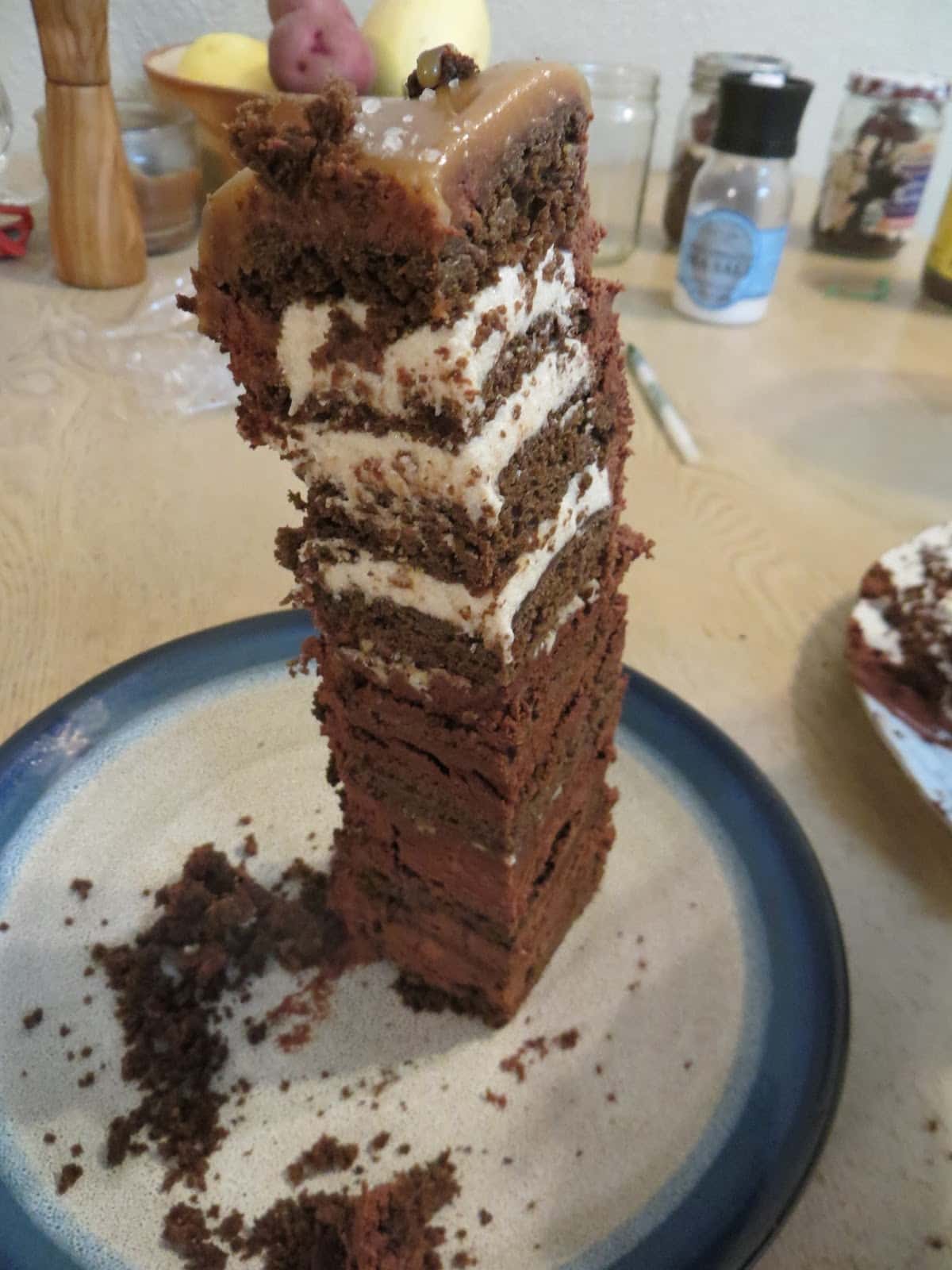 multi-layer chocolate cake with vanilla icing