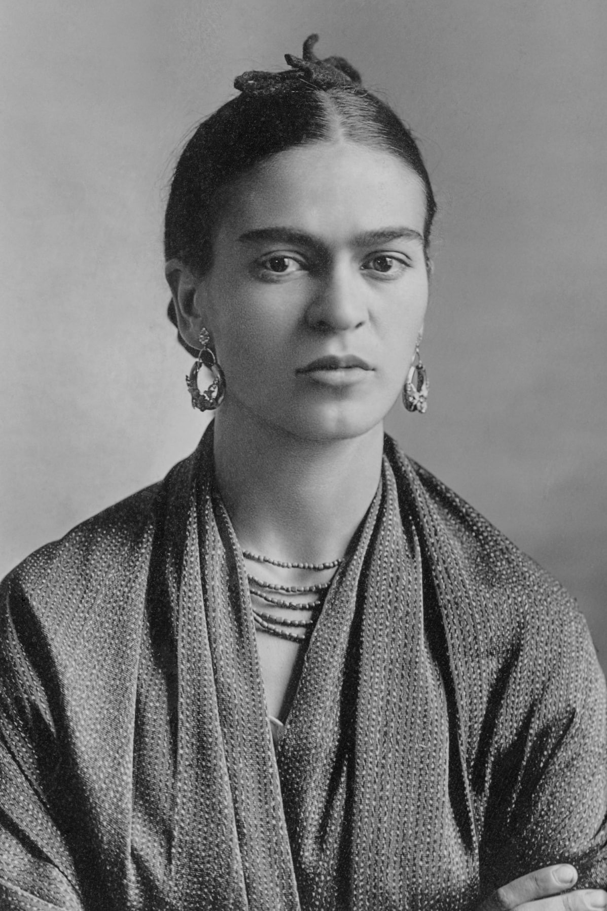 Frida Kahlo portrait in black and white
