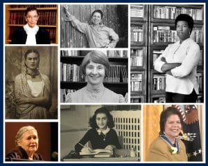Collage for International Womens Day. Women featured from left to right:Ruth Bader Ginsburg, Gloria Anzaldua, Octavia Butler Frida Kahlo, Carol Nagy Jacklin, Doris Lessing, Anne Franke, Wilma Mankiller