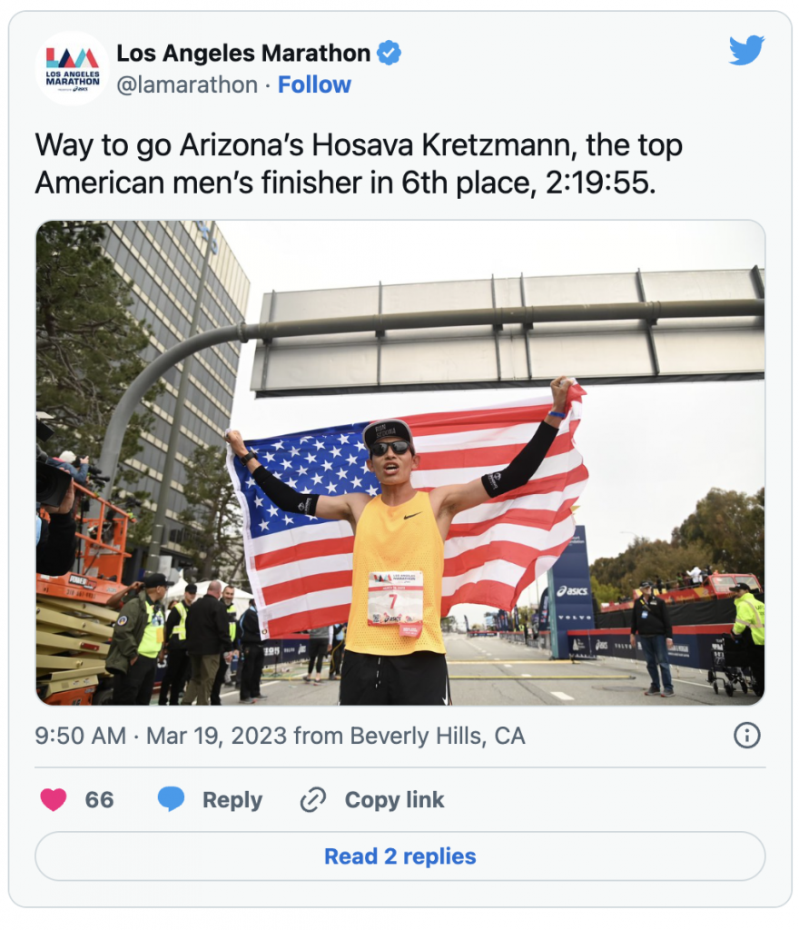 Tweet from LA Marathon that reads "Way to go Arizona's Hosava Kretzmann, the top American men's finisher in 6th place, 2:19:55" and picture of Kretzmann with the American flag