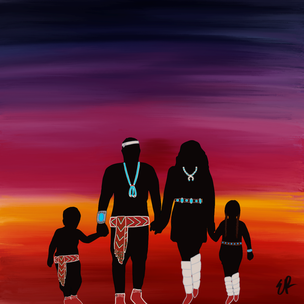Original Art created for the Diné Parents Taking Action project. Sunset aurora effect as the background. Diné Parentswalk in the middle toward viewer with a son and daughter on either side.