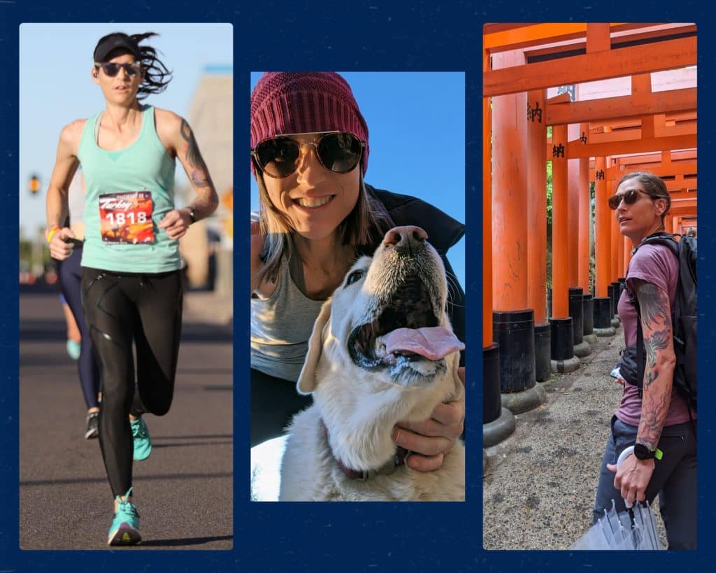 Three photo collage of Catherine Lockermillker. Photos in order from left to right: Lockmiller running in marathon, with her dog, and walking under Torii gates