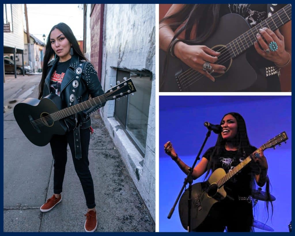 Three photos of Sage Bond as collage. Photo on the left is a photo of Sage with her guitar against the backdrop of the city. Top right photo is a close of Sage Bond playing her guitar; the bottom right photo is of Sage playing the guitar and singing on stage.