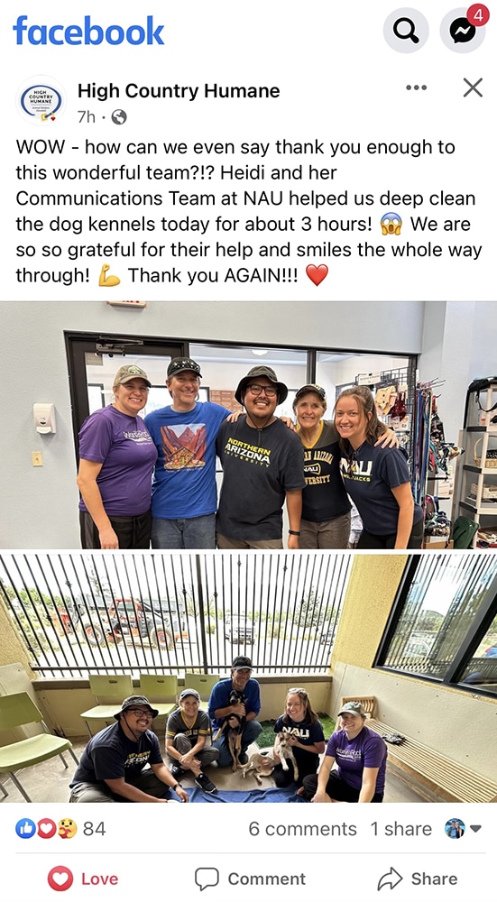 A screenshot of High Country Humane's Facebook page thanking the NAU Communications team for coming to clean kennels and two group photos, including one with puppies.