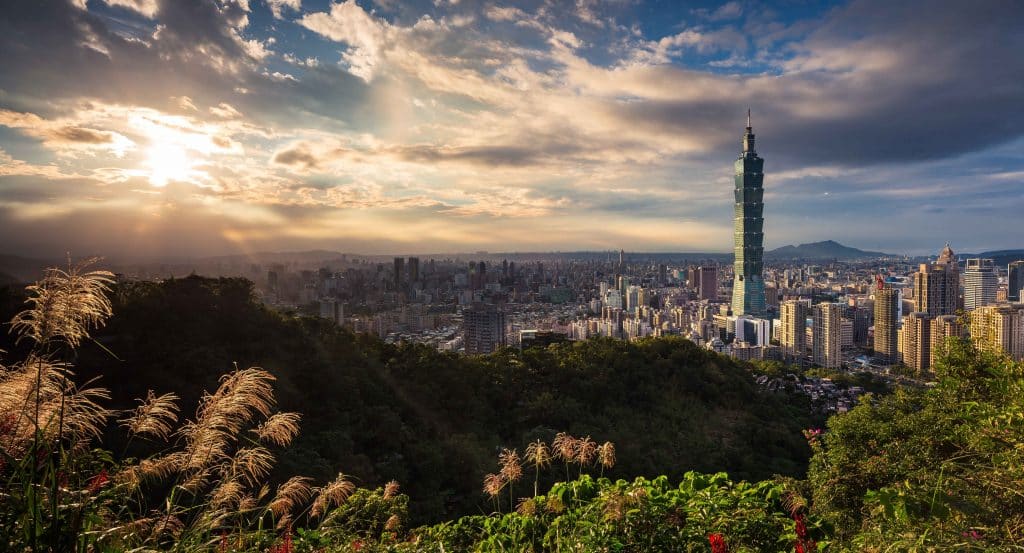 View of Taiwan from afar; Sun shining through clouds, buildings in the distance and nature like grass and flowers closer to the camera