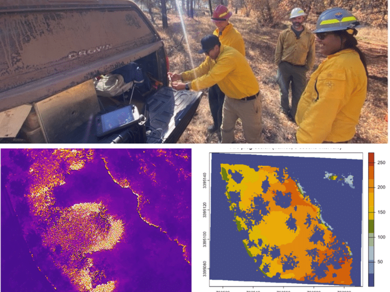 From top: Showing fire personnel the live feed of the thermal imagery on the Shoetank prescribed fire on the San Carlos Apache Tribal Lands, Arizona. Example infrared image (left) and the resulting fire progression map (right) derived from about 300 images of the Hanna Hammock prescribed burn near Tallahassee, Florida.