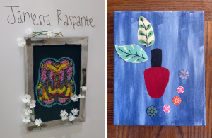 Picture of two pieces of artwork-beaded lungs and a painting of red nail polish