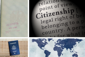From left to right: A page from Bjorn Krondorfer's German passport; the word "citizenship", the cover of a U.S. passport, a world map