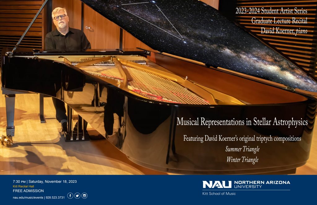 David Koerner sitting at a piano that has stars on the piano lid