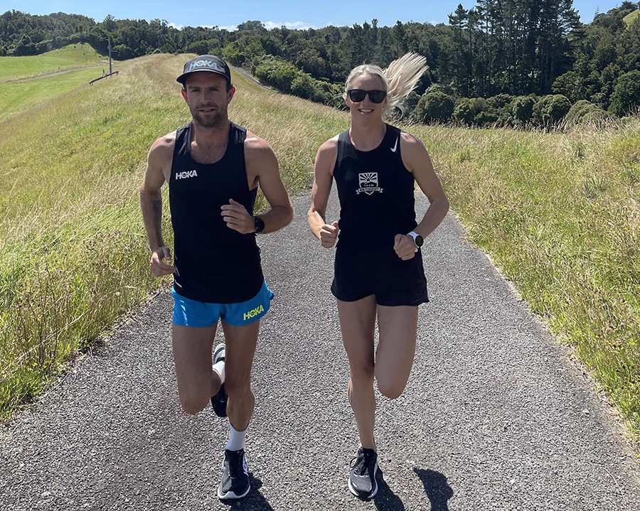 Matt Baxter and his partner, Emily, run during training.