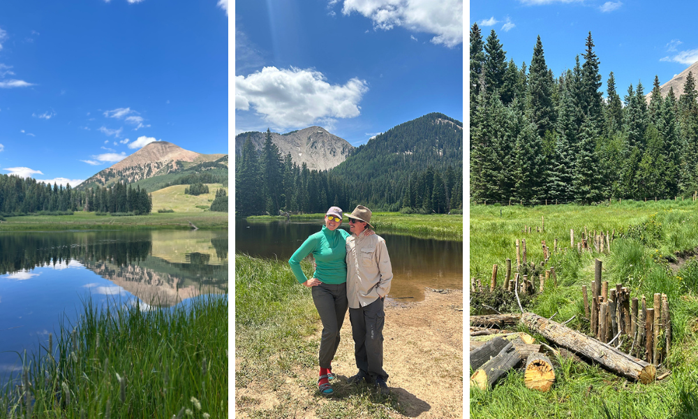 Collage Margaret Steiger and her spouse in front of Medicine Lake and beaver dam