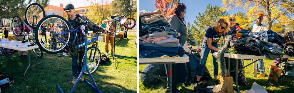 NAU staff members fix bikes and sort clothes at the High Altitude Service Project.