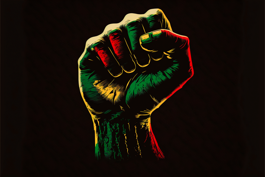 drawing of a fist on a black background with red, green and yellow highlights