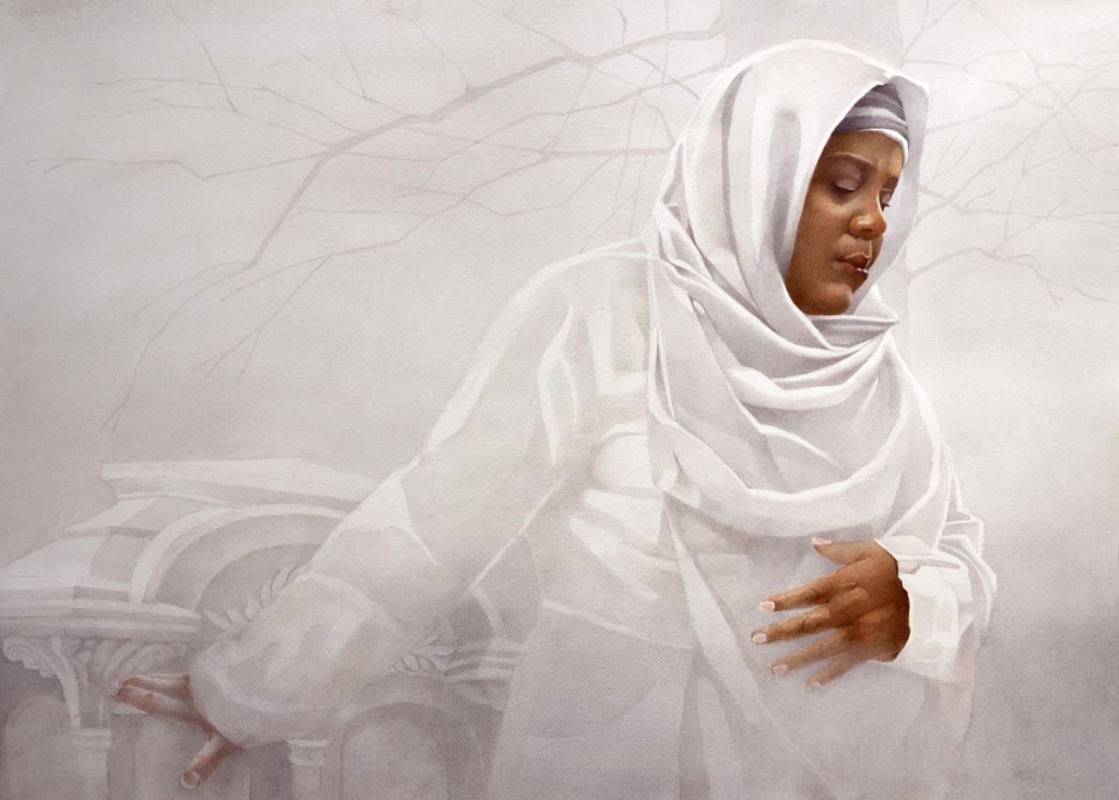 Painting of Black woman wearing white robes that cover her body and head, revealing only her face and hands. The background includes white stone work and the faint gray silhouette of a tree.