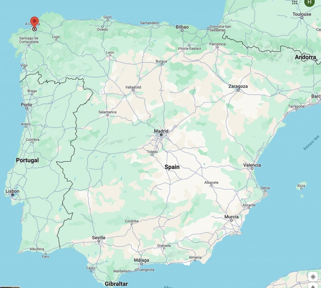 Screenshot of a map showing the location of Cambre, Galicia, in the northwest corner of Spain