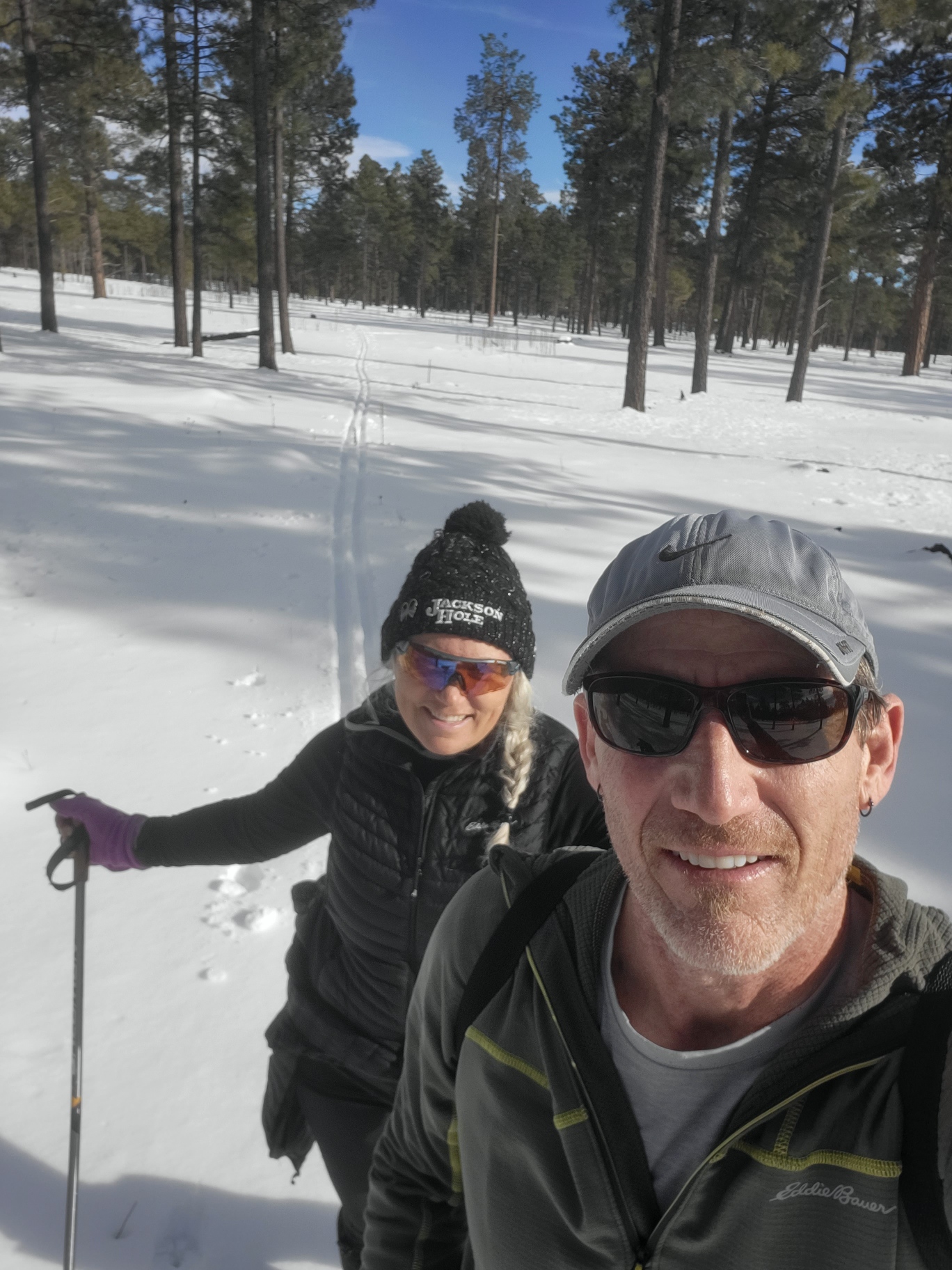 Emy Tice and her husband cross-country skiing