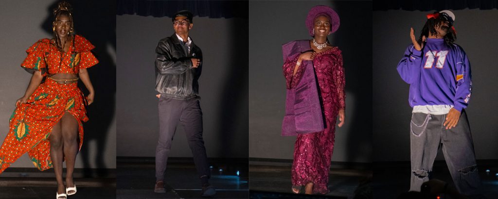 Four students walking down a runway in traditional and historical clothing associated with the African diaspora