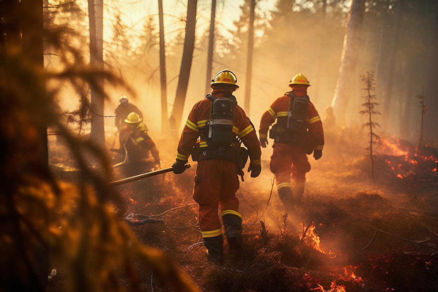 Four firefighters dressed in flame-retardant suits and walking through a burning forest
