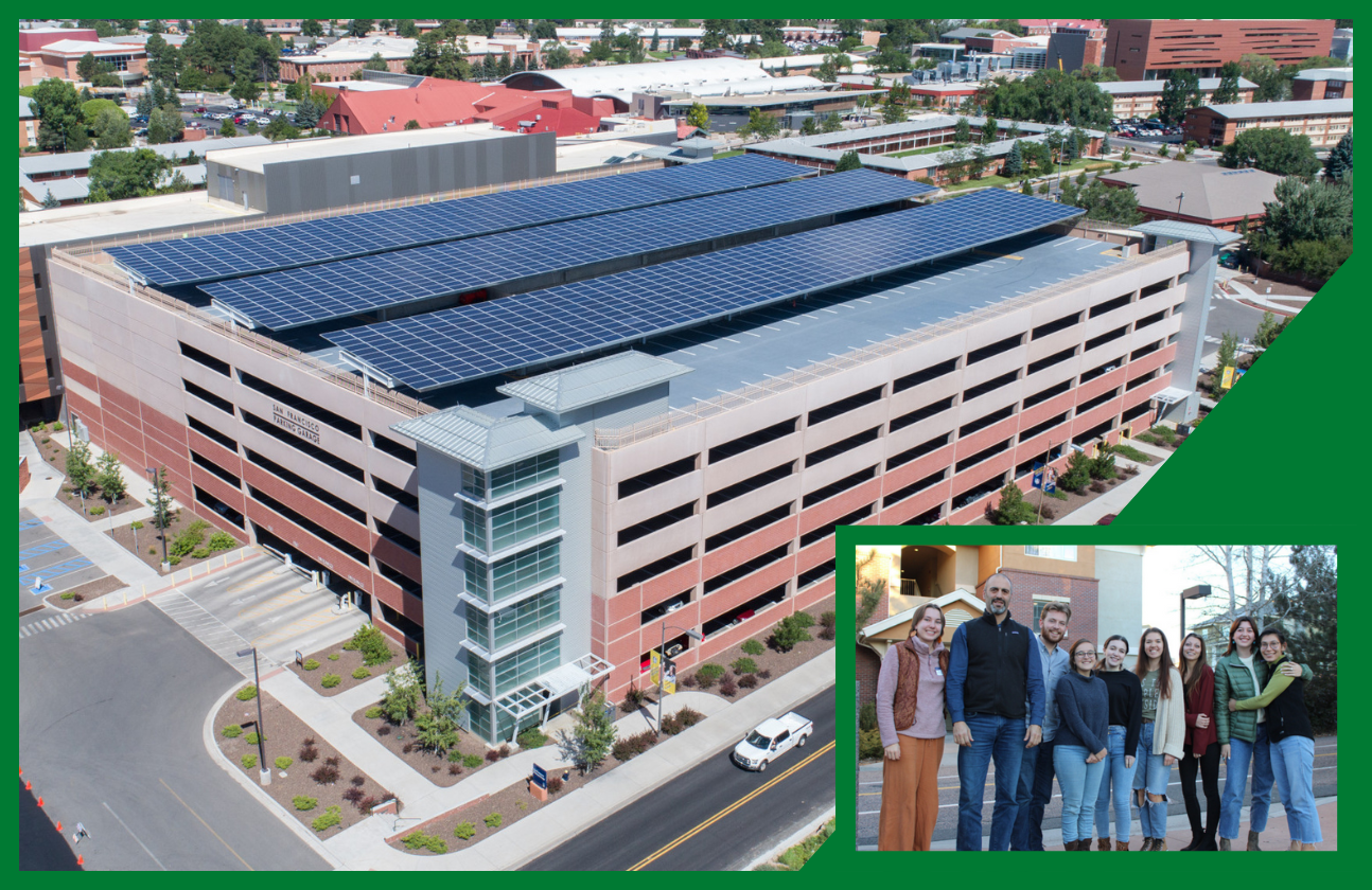 Photo of solar panels on roof of San Francisco Parking Garage, with inset photo of Green Fund committee.