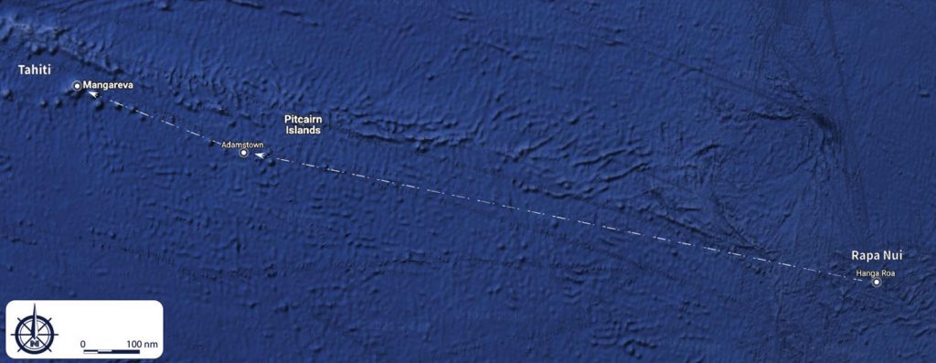 Map of a tall ship's journey from Rapa Nui to Mangareva