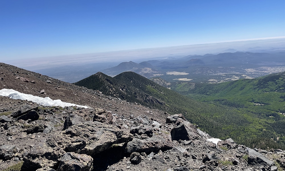 View of mountains and valleys from top of Humphreys Peak.