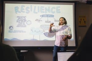 Robert Wickham giving a lecture in front of a projected infographic on the topic of psychological resilience