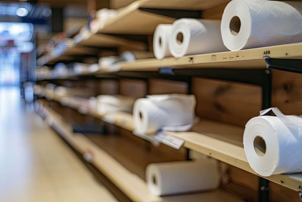 rolls of paper towels on a mostly empty store shelf