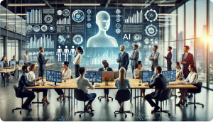 AI-generated image that shows a diverse group of organizational leaders collaborating with AI tools in a modern, innovative office setting.