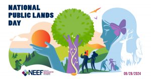 National Public Lands Day logo depicting people hiking, doing trail maintenance and holding the sun in their hands