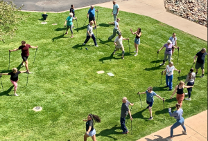 Aerial view of people exercising with poles on a lawn