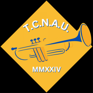 A cartoon trumpet on a yellow diamond against a black background. The trumpet is surrounded by the words "TCNAU" and the Roman numerals "MMXXIV" in white text.