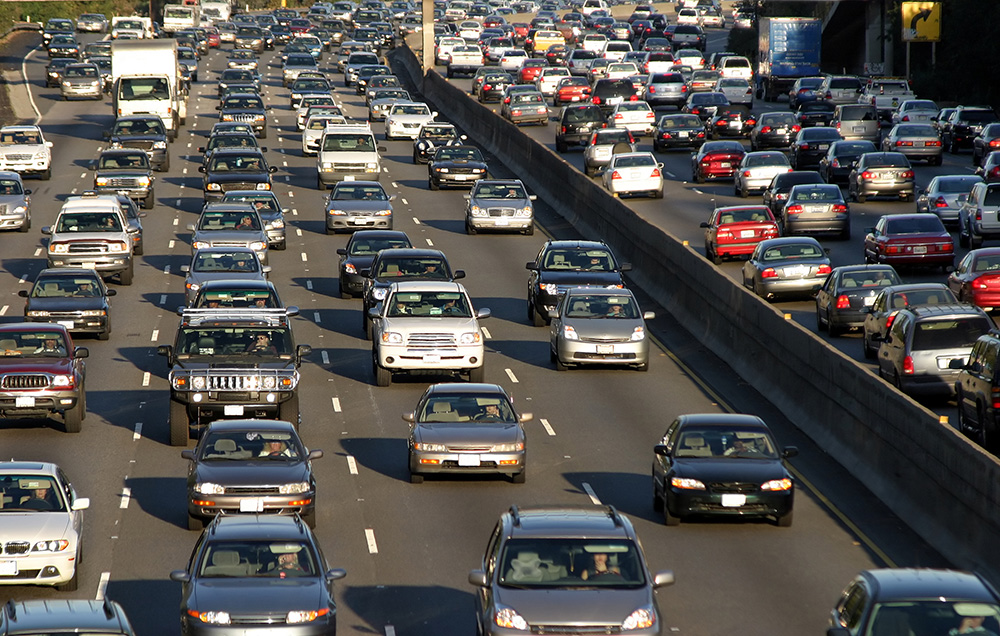 Cars in stop and go traffic on the freeway